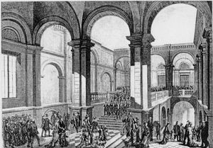 1877년, 대학교 400주년을 기념하여 카롤리나 레디비바에서 학생 합창단이 계단을 내려오고 있다.