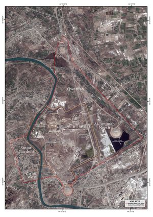 바빌론 지도. 주요 지역과 현대 마을도 표시