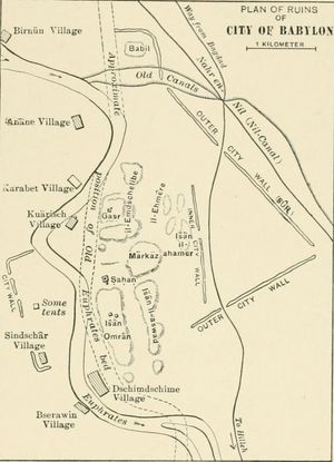 1905년 바빌론 유적 지도. 마을 위치와 이름 표시
