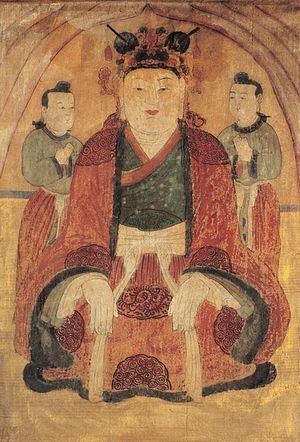 두 명의 시종을 모시고 있는 천연두 여신(이 이야기의 여신일 필요는 없음)