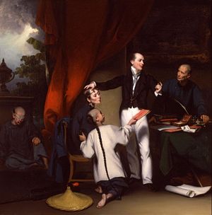 수술 결과를 통역사 역할을 하는 자신의 하인에게 설명하는 의사를 보여주는 그림