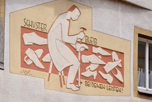 독일어 "구두장이는 제 분야에나 신경 써야 한다". 이것은 영어의 오래된 속담이기도 하지만, 이제 "last"는 많은 사람들에게 알려져 있지 않다.