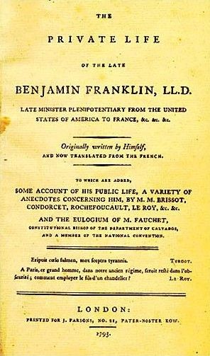 벤자민 프랭클린(Benjamin Franklin) 자서전 영어 초판 표지, 1793년