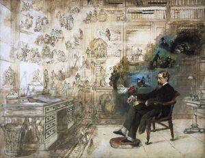 로버트 윌리엄 버스(Robert William Buss)의 작품 딕킨스의 꿈(Dickens's Dream), 딕킨스가 그의 책상에 앉아 많은 등장인물들에게 둘러싸여 있는 가즈 힐 플레이스(Gads Hill Place)를 묘사하고 있다
