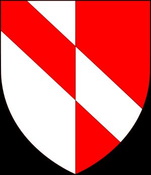 조지프 초서의 문장: 은색과 붉은색으로 반으로 나뉘어, 역방향으로 기울어진 띠