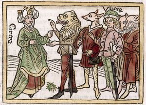 1374년 보카치오가 쓴 106명의 유명한 여성의 전기를 담은 책 『명성 있는 여성들』(De Claris Mulieribus)에 나오는 키르케(Circe)의 그림 – 1541년 독일어 번역본에서 발췌