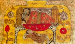 사란딥의 어리석은 목수가 아내와 그녀의 애인이 누워 있는 침대 밑에 숨어 있습니다. 아내는 그의 발을 발견하고 자신의 결백을 증명하기 위한 이야기를 지어냅니다. 1333년 페르시아의 칼릴레와 딤네 삽화.