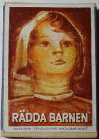 세이브 더 칠드런 성냥갑(스웨덴어 RÄDDA BARNEN은 세이브 더 칠드런을 의미함)