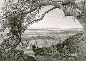 가자를 배경으로 코란을 공부하는 무슬림들, 해리 펜(Harry Fenn)이 1884년경 그린 그림