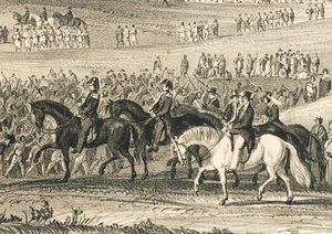 1844년 5월 11일 오클랜드 레무에라에서 열린 마오리 회의 및 연회를 방문한 로버트 피츠로이 총독과 수행원