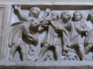 기원후 270~300년경 아기 사르코파구스에 새겨진 구슬 놀이를 하는 로마 아이들. 바티칸 피오 클레멘티노 박물관