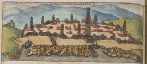 1572년 카사블랑카. 포르투갈인들이 이미 "카사 브랑카"(Casa Branca, 흰 집)로 개명했음에도 불구하고 이 채색 판화에서는 여전히 "안파"라고 불리고 있다. 이후 스페인식으로 "카사블랑카"가 되었다.