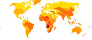 연령표준화된 장애조정생존연수(DALY)에 따른 국가별 호흡기 질환 발생률(10만 명당).