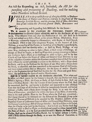 결투 처벌 및 방지에 관한 법률(1728), 매사추세츠 만 식민지