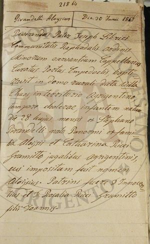 루이지 피란델로 세례 증명서