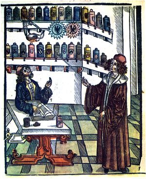 의사와 약사, 히에로니무스 브룬슈비히(Hieronymus Brunschwig)의 Medicinarius(1505)에 나오는 삽화