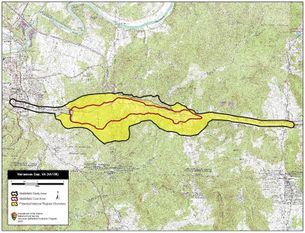 미국 전장 보호 프로그램(American Battlefield Protection Program)이 정한 매너서스 갭 전투의 핵심 및 연구 지역 지도