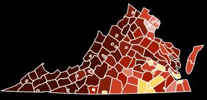 2020년 미국 인구 조사 기준 버지니아주의 군별 인종 다수를 보여주는 지도