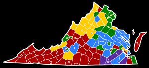 가장 흔한 조상 인구에 따라 빨간색, 파란색, 노란색, 녹색 또는 보라색으로 색칠된 버지니아 카운티. 남동부는 아프리카계 미국인을 위해 주로 보라색이고, 서부는 주로 미국인을 위해 빨간색입니다. 북부는 독일인을 위해 노란색이며, 아일랜드인을 위해 두 개의 작은 녹색 영역이 있습니다. 노란색은 서부의 곳곳에서도 발견됩니다. 중간의 줄무늬는 영국인을 위해 파란색입니다.