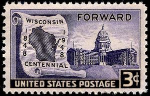 1948년 5월 29일, 미국 우체국은 위스콘신 주 승격 100주년을 기념하는 기념 우표를 발행했는데, 위스콘신 주 청사와 지도가 그려져 있다.