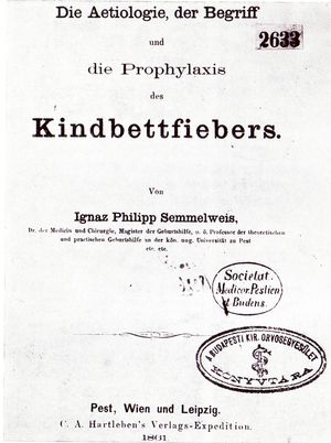 젬멜바이스의 주요 저서: Die Ätiologie, der Begriff und die Prophylaxis des Kindbettfiebers, 1861년 (표지)