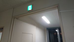 방화문이 설치된 비상구. 방화문의 중앙에는 통과문이 달려 있다.