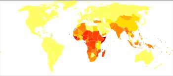 홍역의 손실 조정 생존 연령 (2002년, 인구 10만 명당)