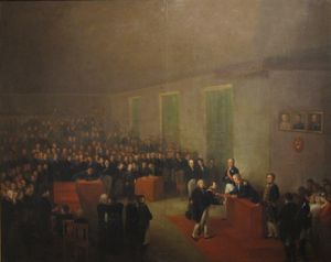 크라쿠프 자유시에 헌법을 부여하는 모습. 폴란드 분할 후 크라쿠프는 도시 국가가 되어 1815년부터 1846년까지 유일한 주권 폴란드 영토로 남았다.