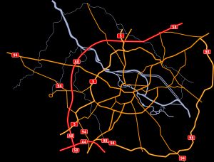 브로츠와프의 지도. A8 우회도로와 주요 간선도로 표시