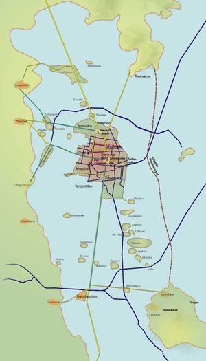 얕은 텍스코코 호 서쪽의 테노치티틀란(섬 남쪽). 북쪽은 틀라텔롤코이다.