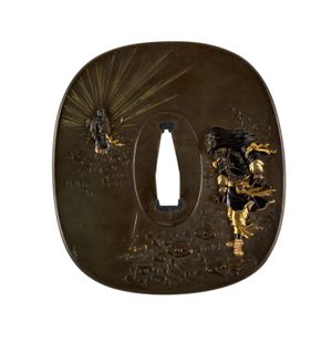 스사노오가 타카마가하라에서 아마테라스를 만나는 모습을 묘사한 칼집(츠바(鍔))