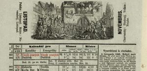 1867년 체코 달력 11월(세부). 성인력은 가톨릭뿐 아니라 "프로테스탄트"를 위해서도 제시되어 있다.