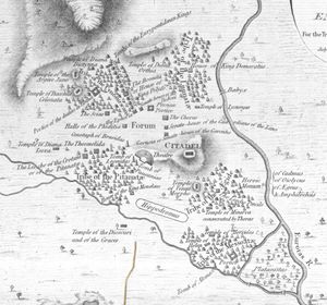 고대 스파르타 5개 마을 지도. 유로타스 강은 오른쪽에 있습니다. 그림에 나와 있는 중앙 성채는 이전 미케네 궁전의 터였으며, 버려진 상태였습니다.