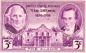 샘 휴스턴과 스티븐 오스틴이 텍사스 공화국 100주년을 기념하는 1936년 미국 우표에 묘사되어 있음