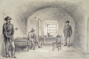 알프레드 워드(Alfred Waud)가 그린 포트먼로(Fort Monroe) 지하 막사의 데이비스 스케치(1865)