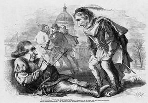 존슨은 머큐시오로서 의회 양원 모두에게 재앙을 기원하며, 수어드(오른쪽의 로미오)는 그에게 기대고 있다. 1868년 알프레드 와우드의 풍자 만화.