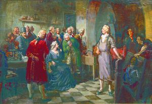 옐리자베타가 러시아 과학자 미하일 로모노소프를 방문하다.