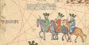 세 명의 현자, 카탈루냐 지도, 1375년, 5쪽: "이 지역은 타르시시라고 불리는데, 세 명의 현자는 이곳에서 왔으며, 그들은 선물을 가지고 유대의 베들레헴에 와서 예수 그리스도를 경배했고, 그들은 브뤼헤에서 이틀 거리에 있는 쾰른시에 매장되어 있다."
