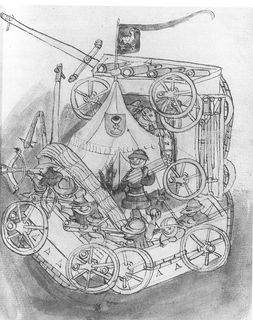 후스파의 전차. 후스파는 이 외에도 총 등 신병기를 활용하여 십자군을 격퇴했다.