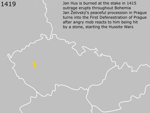 1419년~1620년의 보헤미아 왕관령에서의 후스파의 지배 영역. 국경은 현재와 같다.