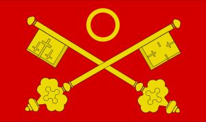 웨스트민스터 사원의 성 베드로 깃발. 금반지는 에드워드 성인의 반지를 나타내며 그를 사원의 창립자로 인정한다.