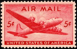 1946년 미국 항공우편 우표에 묘사된 더글러스 DC-4 스카이마스터. DC-4는 항공우편 서비스에 광범위하게 사용되었다.