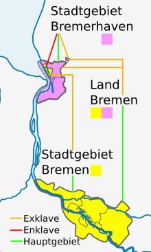 브레멘주(브레멘시와 브레머하펜시)와 니더작센주 시구도. 노란색이 브레멘시, 보라색이 브레머하펜. 엑스크라브나 앙클라브가 존재하는 복잡한 관계이다.