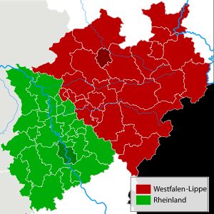 지역 당국 라인란트 (녹색) 및 베스트팔렌-리페 (적색)