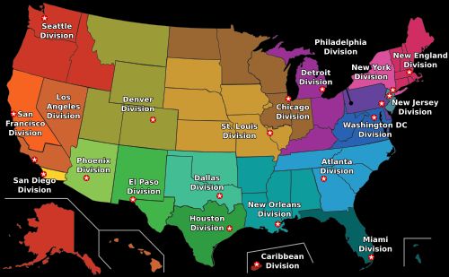 미국 마약단속국(DEA)의 21개 국내 현장 지부 지도: 1. 시카고, 2. 디트로이트, 3. 애틀랜타, 4. 댈러스, 5. 덴버, 6. 보스턴, 7. 엘패소, 8. 휴스턴, 9. 로스앤젤레스, 10. 마이애미, 11. 뉴어크, 12. 뉴올리언스, 13. 뉴욕, 14. 필라델피아, 15. 피닉스, 16. 샌디에이고, 17. 샌프란시스코, 18. 시애틀, 19. 세인트루이스, 20. 카리브해(푸에르토리코 산후안), 21. 워싱턴 D.C.