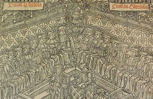 1515년 니콜라 베르트랑이 제작한 판화. 프랑수아 1세가 주재하는 툴루즈 의회의 회의 모습을 보여준다.