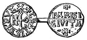 휴 카페가 프랑스 공작이었을 당시의 프랑스 드니에(denier). "하느님의 은총으로 공작(Dux Dei Gratia)"이라고 적혀 있다. 파리(Parisi Civita)에서 주조됨