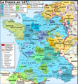 1477년 무렵의 프랑스 영토  붉은 선: 국경  밝은 파랑색: 국왕의 직접 통치 지역  노란색: 부르고뉴 대공의 통치 구역  기타 다른 색은 각각 봉건 영주들의 직할령