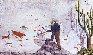 룬드가 라고아 산타의 동굴에서 암벽화를 베끼는 모습