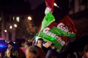 2013년 11월 5일 툴루즈에서 외국 유학생 추방 반대 시위 중 깃발을 흔들며 행진하는 사람들